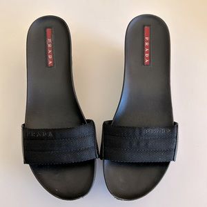 Prada Sport Peep-Toe Nylon Leather Wedge Sandals
Size: IT 36.5/US 6.5
